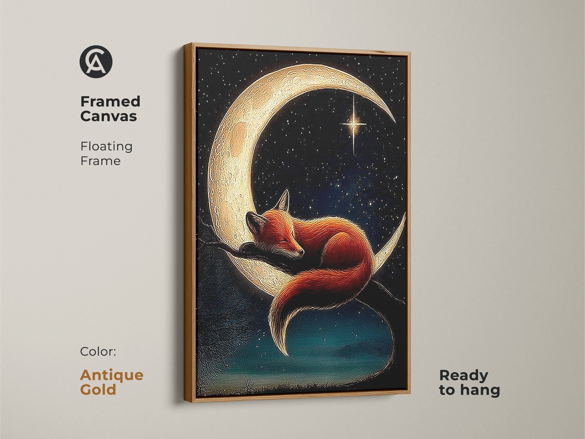 Framed canvas of fox and moon wall art. It features an antique gold floating frame. This art is ready to hang and adds charm to your space. Perfect for a boho fox nursery or a baby shower gift.