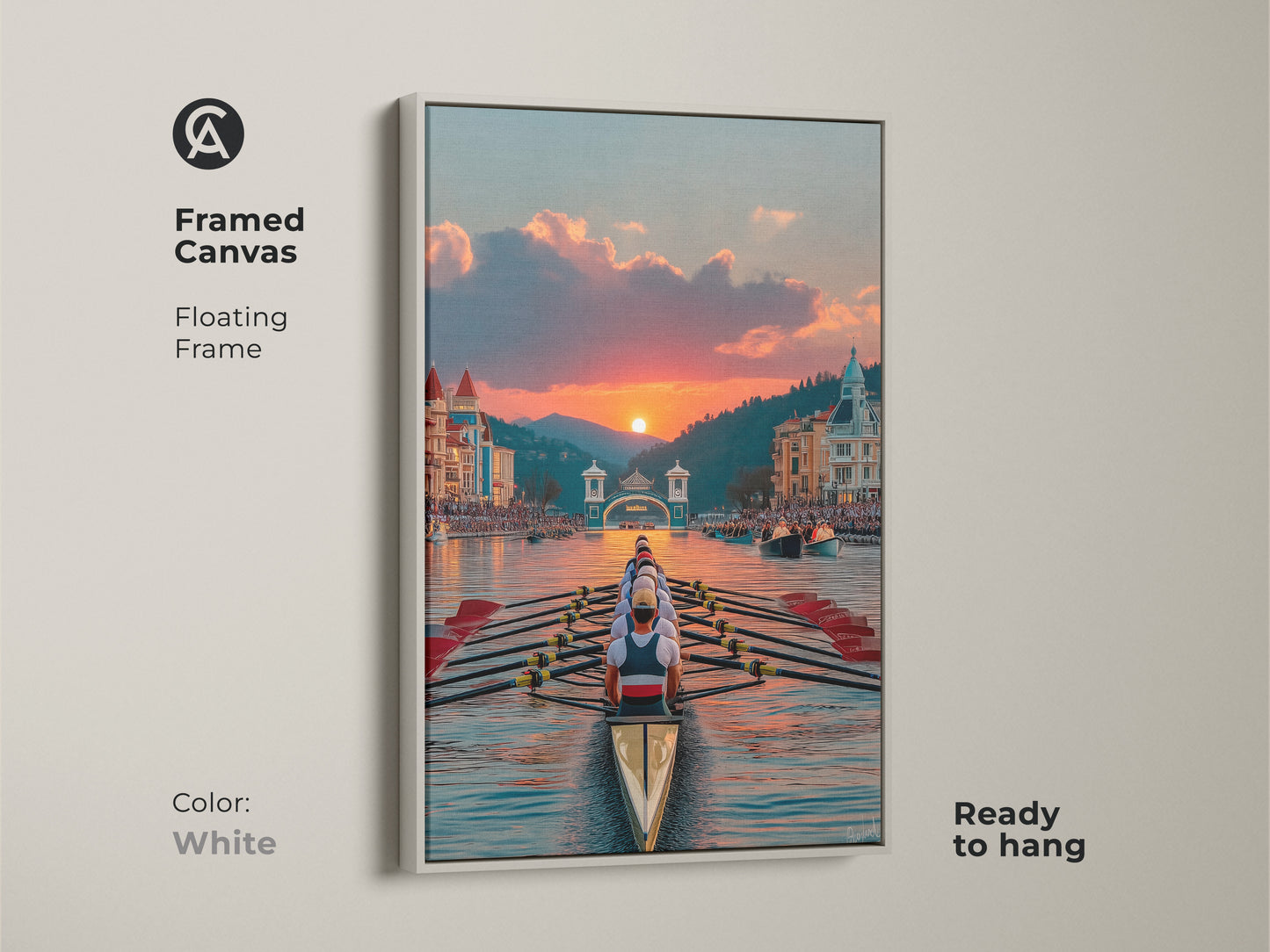 White Framed Canvas of a Rowing Boat Scene. The floating frame accents the picturesque sunset art. This nautical themed print is ready to hang. Brighten your space with this gift for competitive rower. Perfect for a home gym.