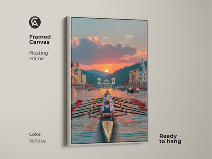 White Framed Canvas of a Rowing Boat Scene. The floating frame accents the picturesque sunset art. This nautical themed print is ready to hang. Brighten your space with this gift for competitive rower. Perfect for a home gym.