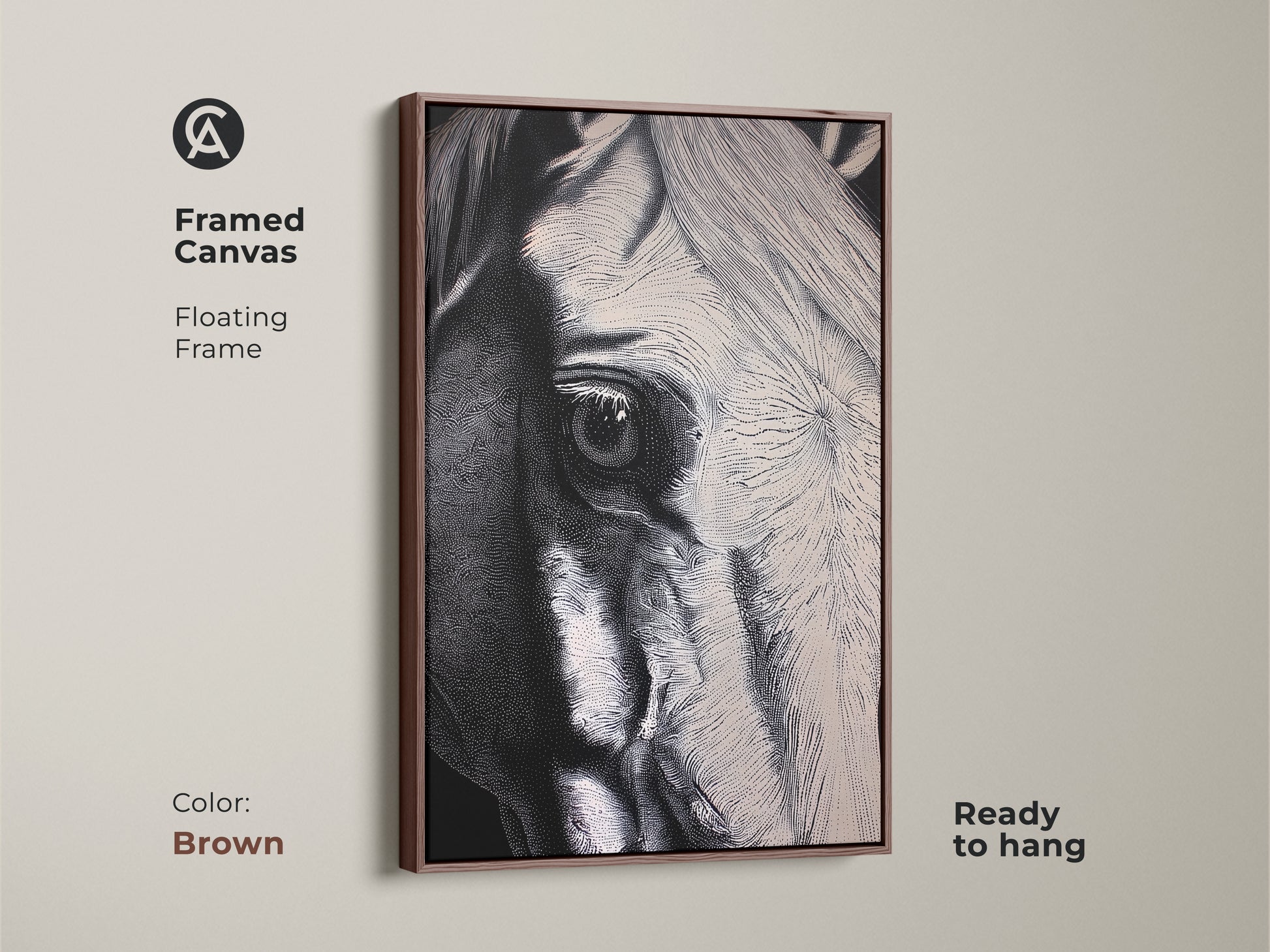 A framed canvas displays monochrome wildlife eye artwork. The brown floating frame enhances the modern animal wall art. This equestrian wall decor arrives ready to hang. A perfect addition to neutral tone wall art and home decor.