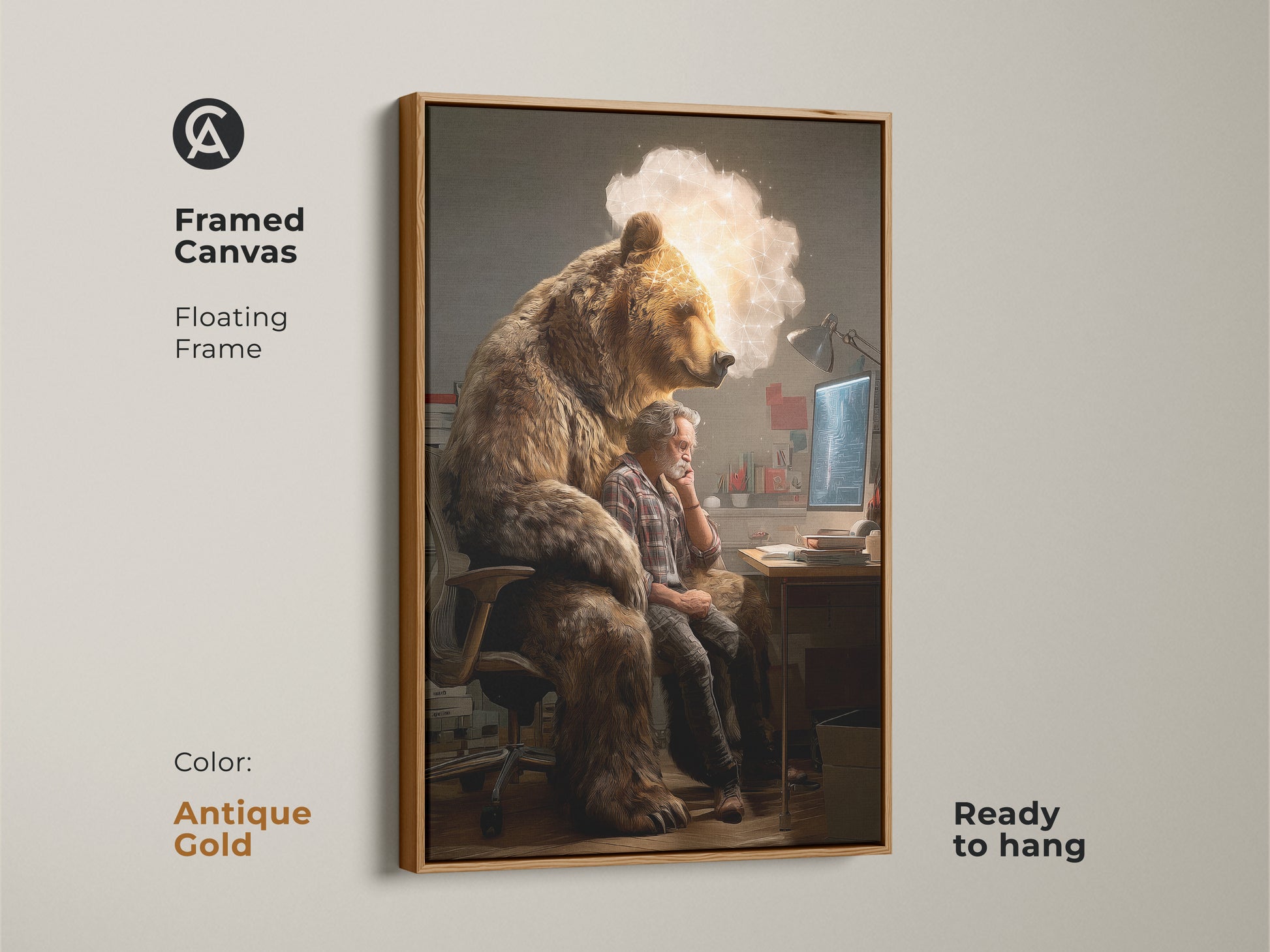 Antique gold framed canvas displays conceptual bear man art. This surreal animal tech art print is ready to hang. This is perfect for a modern office space. The unique brown grey artwork adds sophistication.