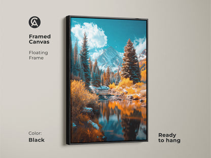 Elevate your home decor with framed canvas art. A black floating frame enhances the mountain landscape art. This piece is ready to hang to add style to any room.