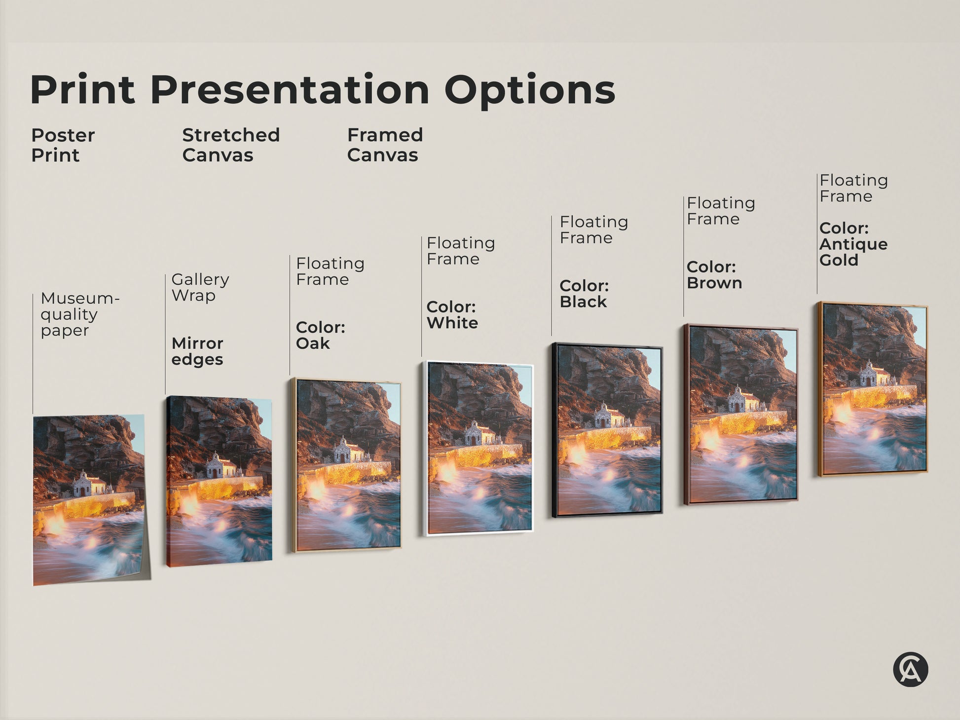 Explore various print presentation options for this coastal chapel artwork. Choose from poster prints stretched canvas and framed canvas options. Each medium highlights the warm earth tones teal accents and dramatic ocean waves to suit your coastal home decor needs.