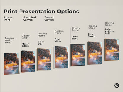 Explore various print presentation options for this coastal chapel artwork. Choose from poster prints stretched canvas and framed canvas options. Each medium highlights the warm earth tones teal accents and dramatic ocean waves to suit your coastal home decor needs.