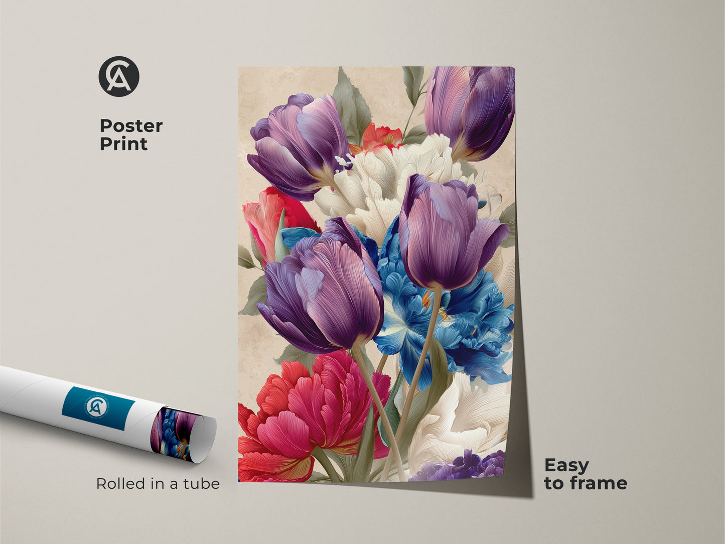Poster print of purple tulips and blue peonies rolled in a tube. This botanical floral artwork is easy to frame perfect as a unique housewarming gift. The eclectic home decor print adds a touch of natural elegance to any room with vibrant flower art.