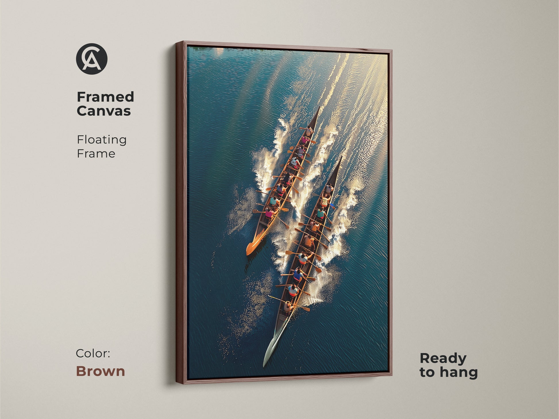 Framed canvas with a brown floating frame featuring rowing team art. The aerial view sports art embodies teamwork and competition. Ready to hang. Perfect for office wall decor. The teal blue and gold tones add sophistication. Ideal for rowers and sports enthusiasts.