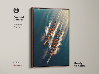 Framed canvas with a brown floating frame featuring rowing team art. The aerial view sports art embodies teamwork and competition. Ready to hang. Perfect for office wall decor. The teal blue and gold tones add sophistication. Ideal for rowers and sports enthusiasts.