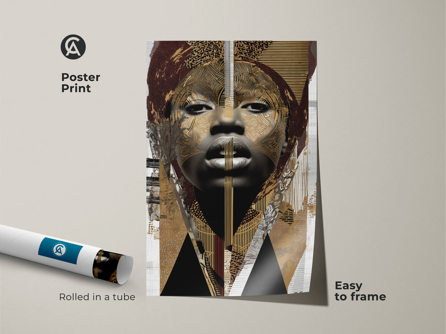Poster print of an abstract woman portrait. It is an easy to frame cultural abstract artwork. The black gold tribal art print is rolled in a tube for safe shipping.