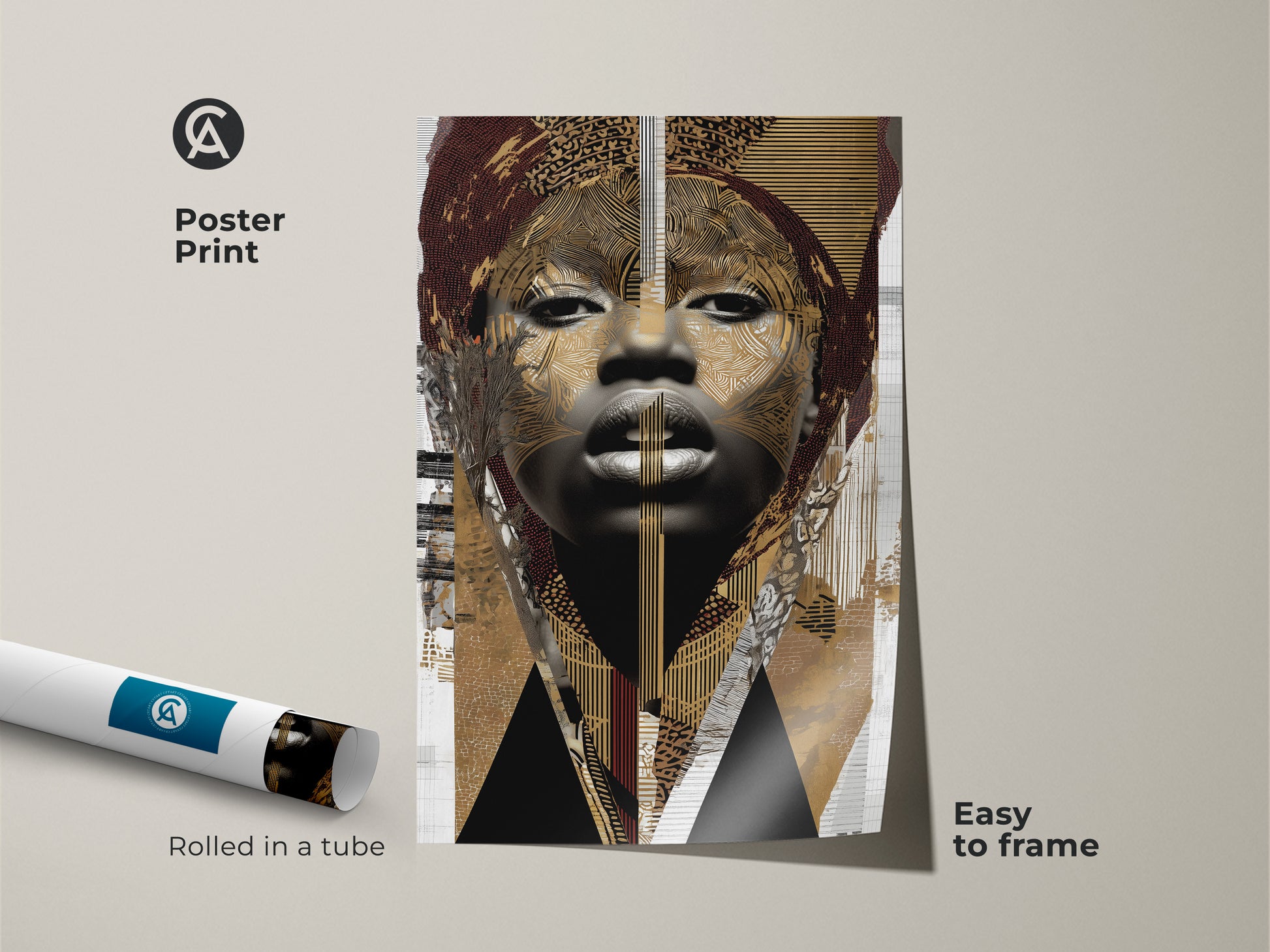 Poster print of an abstract woman portrait. It is an easy to frame cultural abstract artwork. The black gold tribal art print is rolled in a tube for safe shipping.