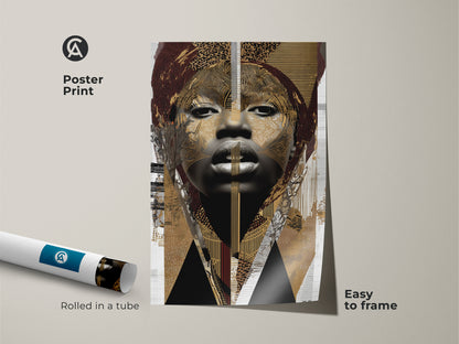 Poster print of an abstract woman portrait. It is an easy to frame cultural abstract artwork. The black gold tribal art print is rolled in a tube for safe shipping.