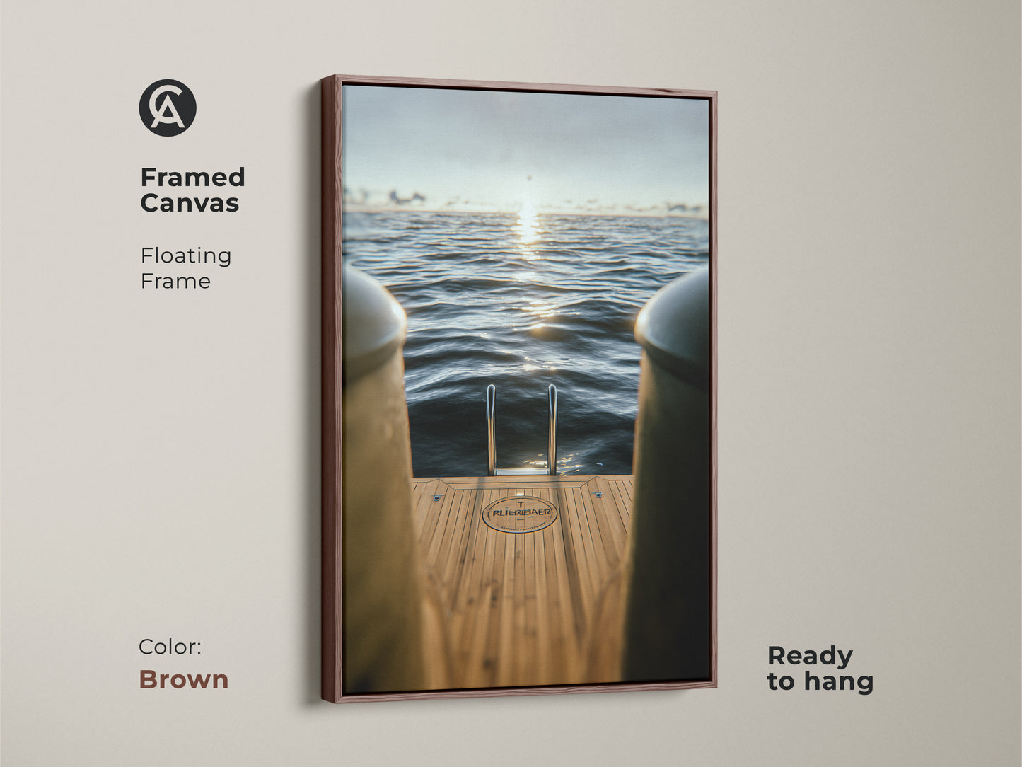 Bring coastal charm to your walls with this framed canvas. It features a yacht ladder descending into a blue ocean at sunset. The brown floating frame enhances the artwork's warmth. Ideal for nautical or travel-inspired decor.