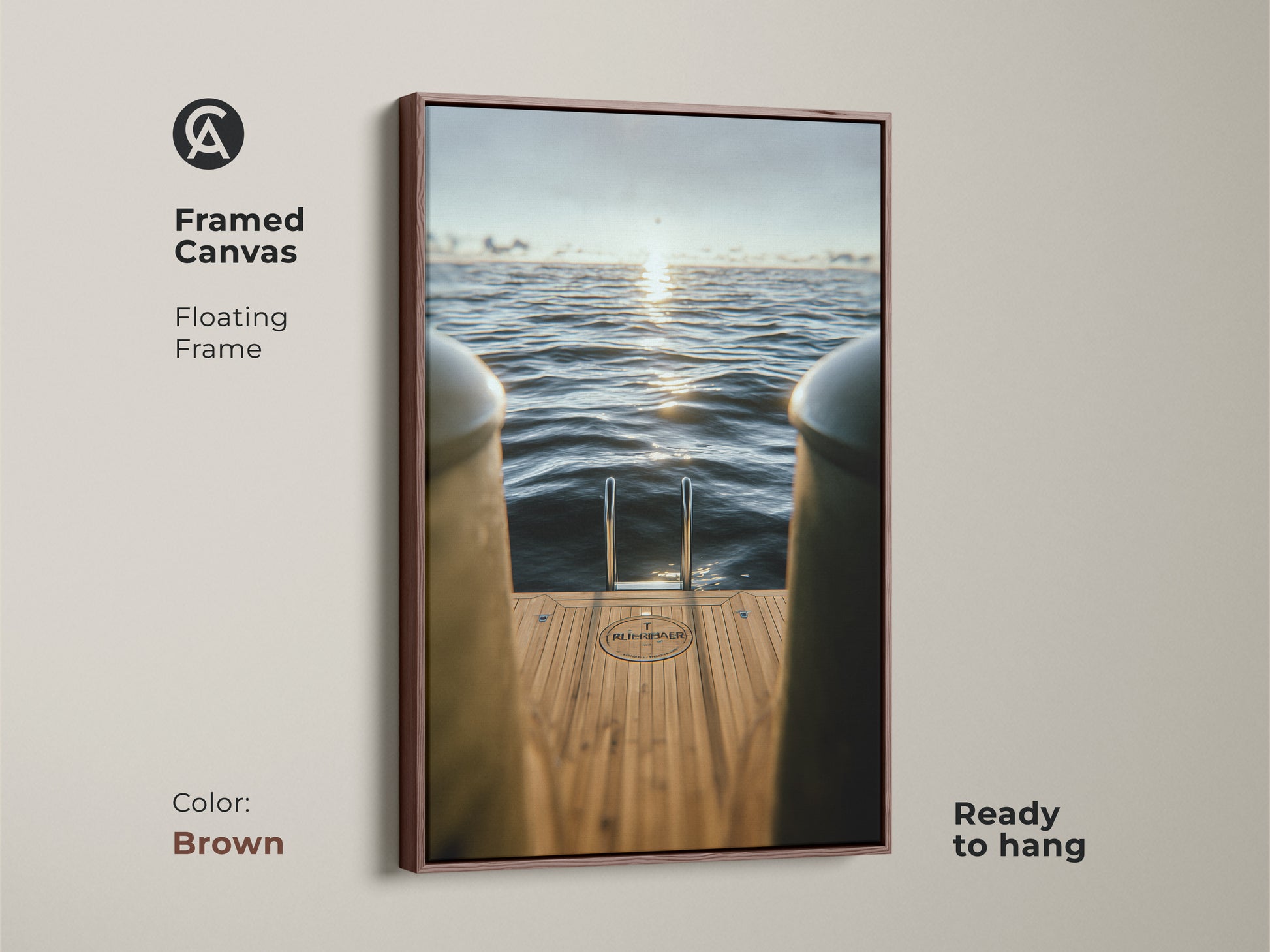 Bring coastal charm to your walls with this framed canvas. It features a yacht ladder descending into a blue ocean at sunset. The brown floating frame enhances the artwork's warmth. Ideal for nautical or travel-inspired decor.