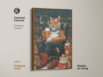Framed canvas with antique gold floating frame of a tiger drinking beer. This animal character art is ready to hang. The humorous animal illustration is perfect as bar shelf background art. This eclectic home decor piece is a unique gift.