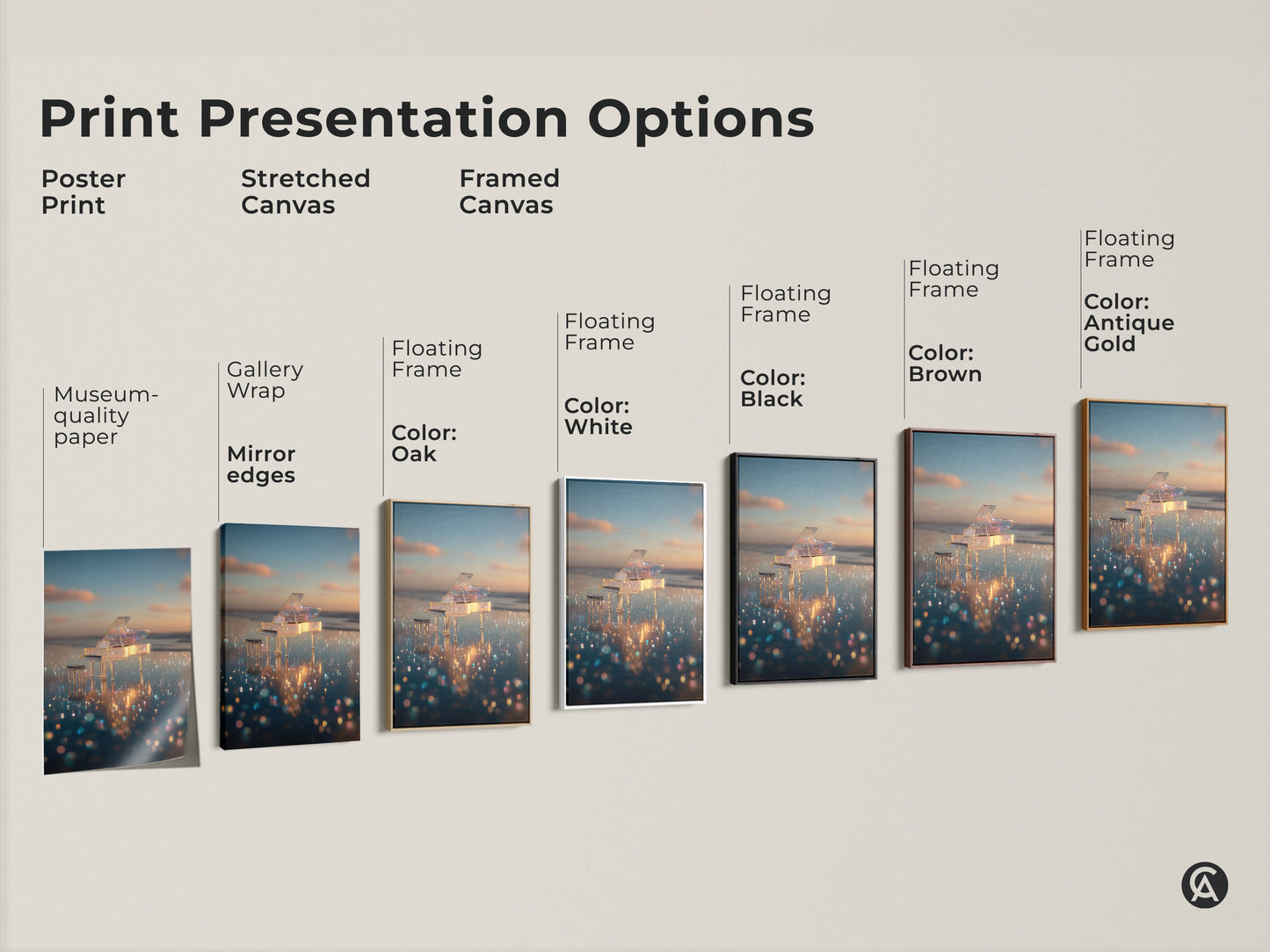 Explore our print presentation options. Choose from poster prints stretched canvas and framed canvas. Each format showcases the crystal piano artwork beautifully. Select the perfect style to match your decor. Find museum-quality paper gallery wraps and floating frames. Enhance your space today.