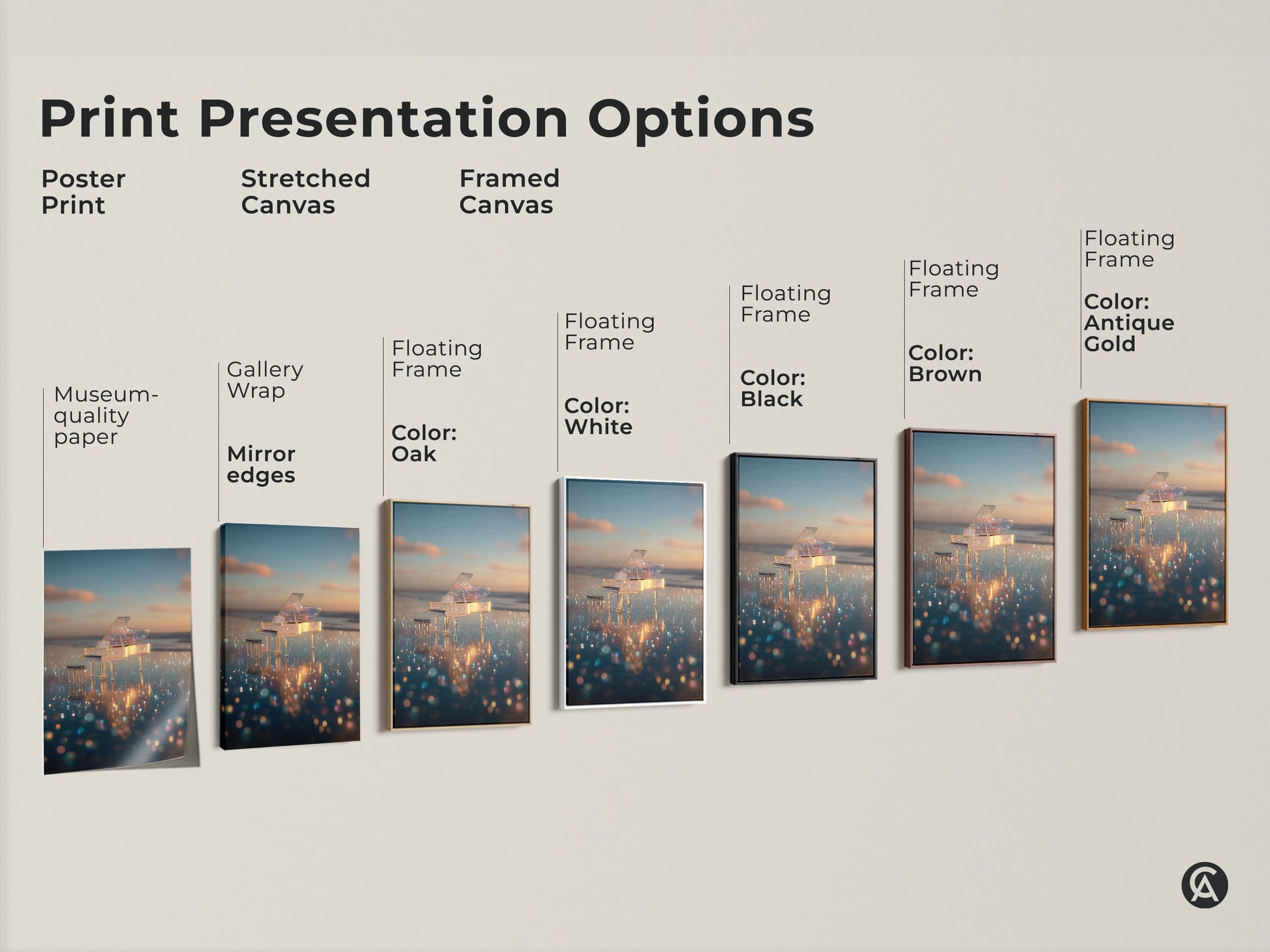 Explore our print presentation options. Choose from poster prints stretched canvas and framed canvas. Each format showcases the crystal piano artwork beautifully. Select the perfect style to match your decor. Find museum-quality paper gallery wraps and floating frames. Enhance your space today.