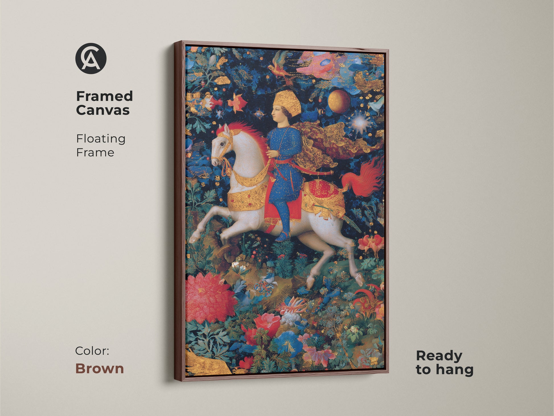 Framed canvas art of a knight on horseback. This renaissance horse print has a brown floating frame. Mythology canvas art in blue red and gold tones. Ready to hang and perfect for eclectic home decor. A storybook wall art piece.