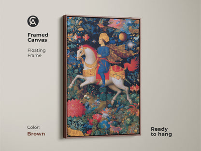 Framed canvas art of a knight on horseback. This renaissance horse print has a brown floating frame. Mythology canvas art in blue red and gold tones. Ready to hang and perfect for eclectic home decor. A storybook wall art piece.
