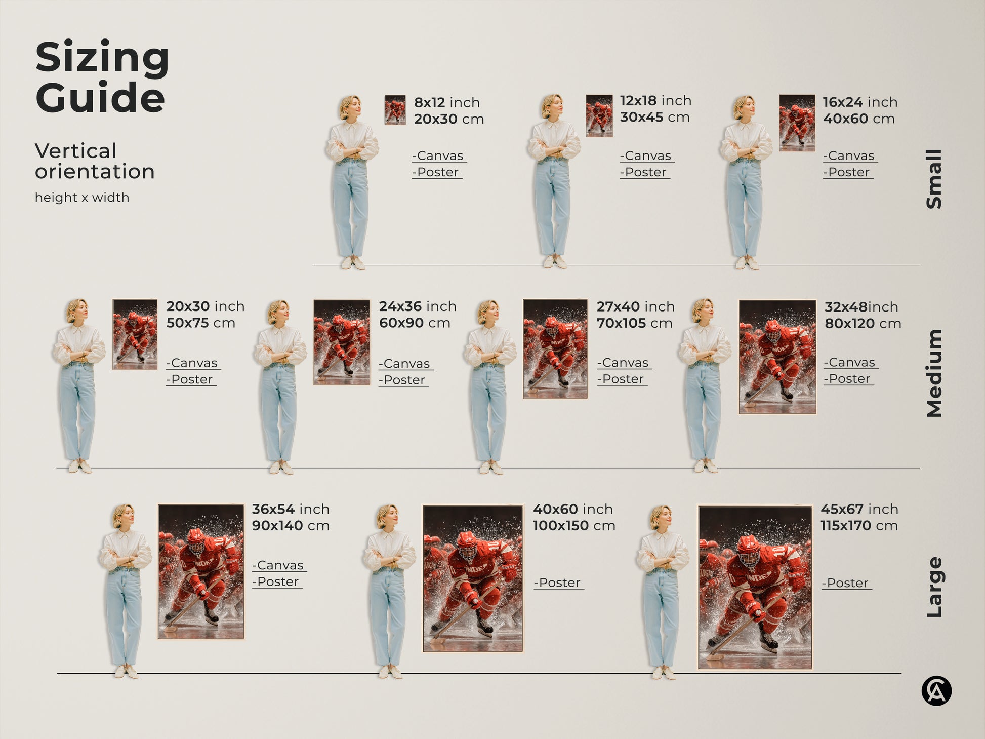 Sizing guide for dynamic ice hockey artwork. Find the perfect fit with options ranging from small to large. Artwork is available in canvas and poster formats. Ideal for adding sports action to any space be it a home office or a hockey fan's man cave.