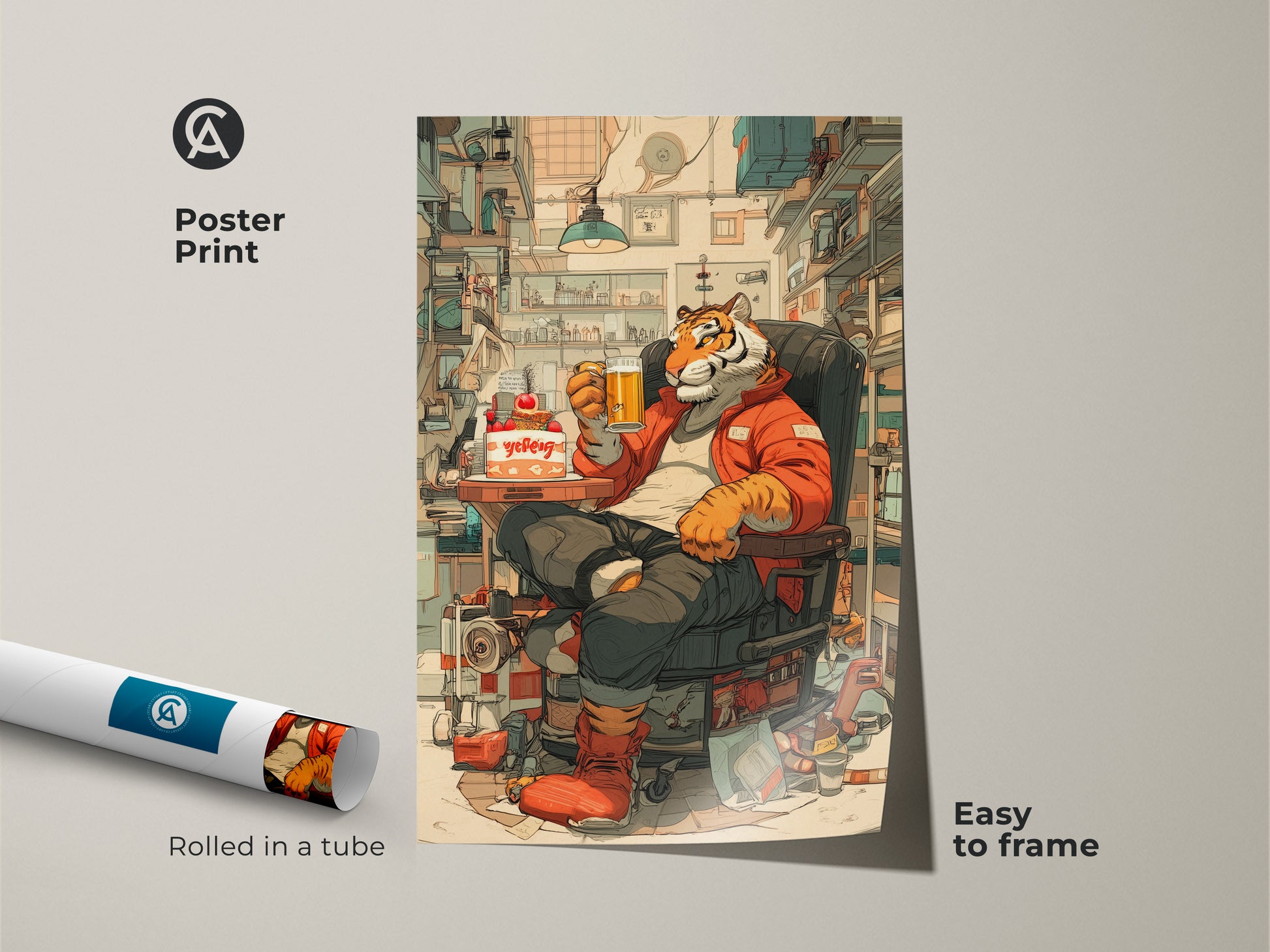 Poster print of a tiger drinking beer and eating cake. Rolled in a tube this cartoon animal wall art is easy to frame. The funny tiger illustration is a unique gift for a friend. It adds quirky artwork to any space.