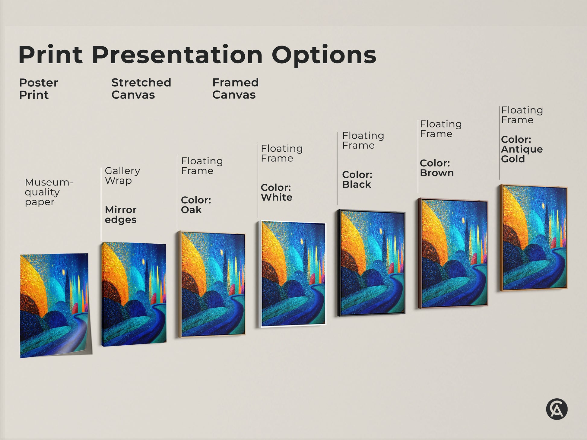 Print presentation options showing poster prints stretched canvas and framed canvas. Floating frames in various colors black brown antique gold white and oak are shown for this colorful abstract painting.