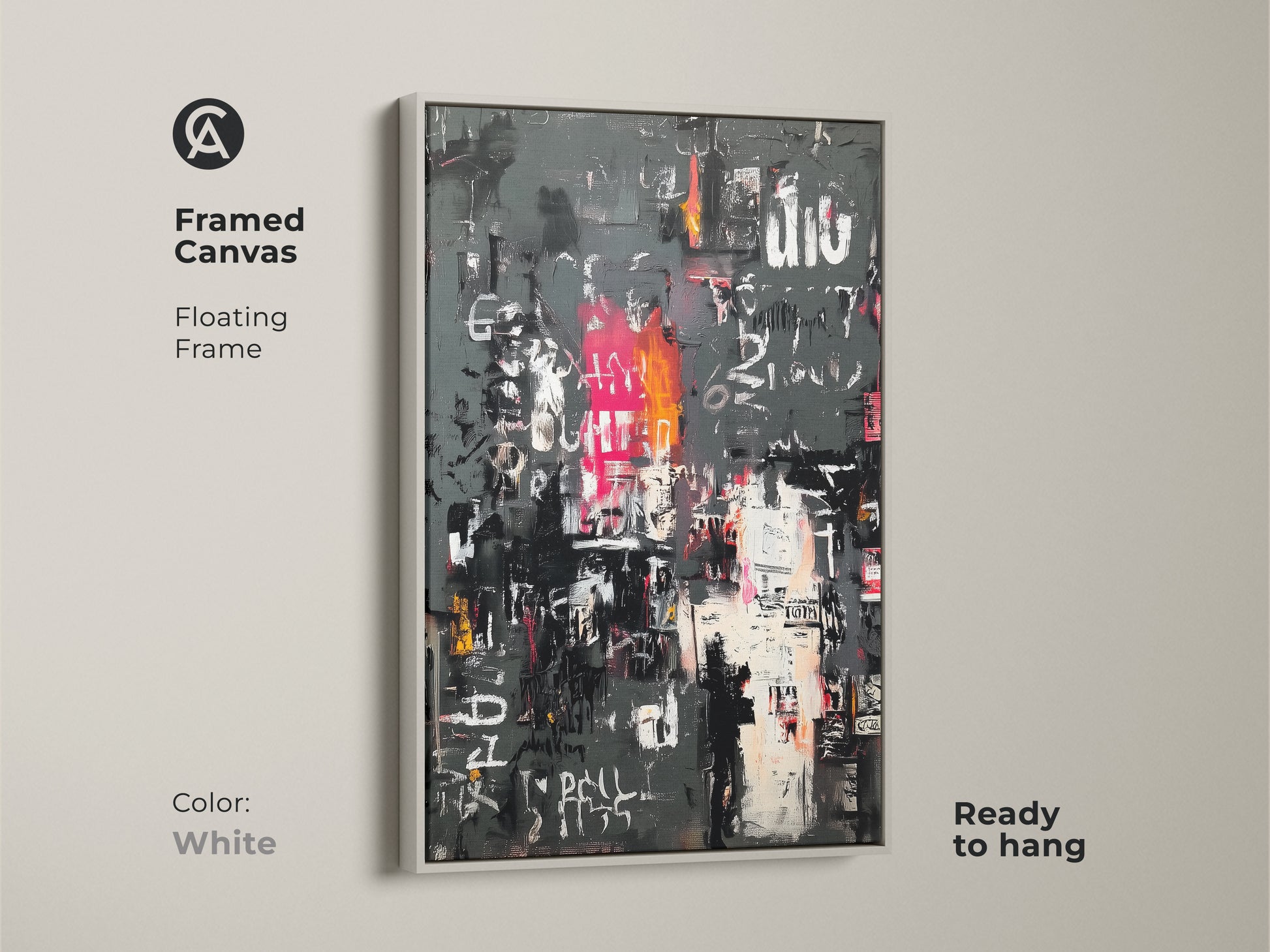Framed canvas print of abstract urban collage art. The clean white frame offers a modern look. This piece is ready to hang. The white frame allows the artwork to stand out. Elevate your home decor today.