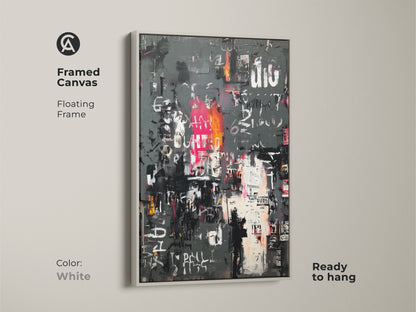Framed canvas print of abstract urban collage art. The clean white frame offers a modern look. This piece is ready to hang. The white frame allows the artwork to stand out. Elevate your home decor today.