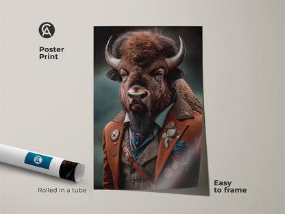 A rolled poster tube sits beside a framed steampunk bison portrait. This Victorian bison wall art is easy to frame and display. It's an anthropomorphic animal print that adds character to any study or office. The eclectic artwork showcases a bison in a vintage suit. It is a unique wildlife art piece.