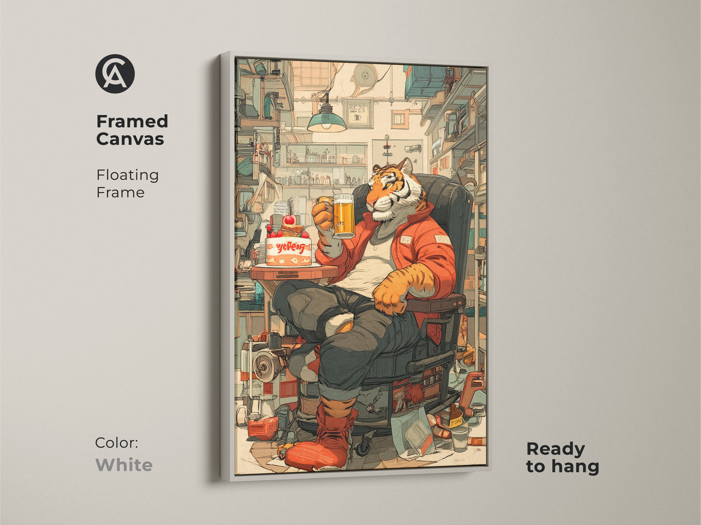 White framed canvas of a tiger enjoying beer and cake. This floating frame artwork is ready to hang. The cartoon animal wall art is perfect for an office. The illustrated tiger poster is ideal for an animal enthusiast.
