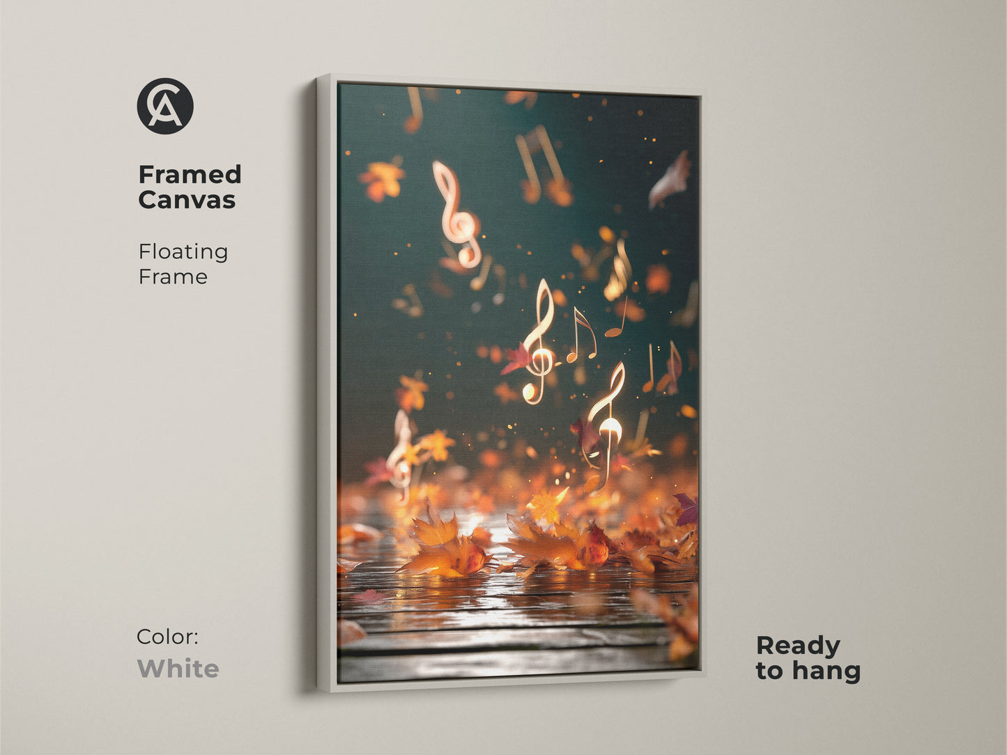 Framed canvas featuring abstract music notes art. This white floating frame enhances the teal gold artwork. The canvas is ready to hang and adds an artistic touch to any room. Perfect for music lovers and those who appreciate autumn's beauty. Enhances study rooms and home music studios.