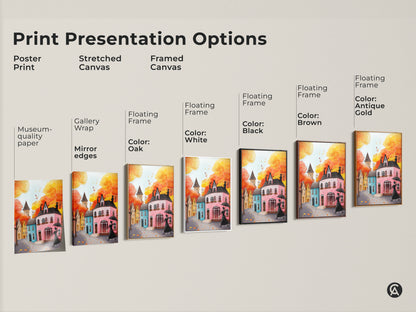 Print presentation options showcasing autumn cityscape artwork. Choose from poster prints stretched canvas and framed canvas. Each option features a woman with an umbrella and charming houses. Select the perfect style to bring a cozy eclectic fall feel to your home. Find the ideal wall art for autumn lovers.