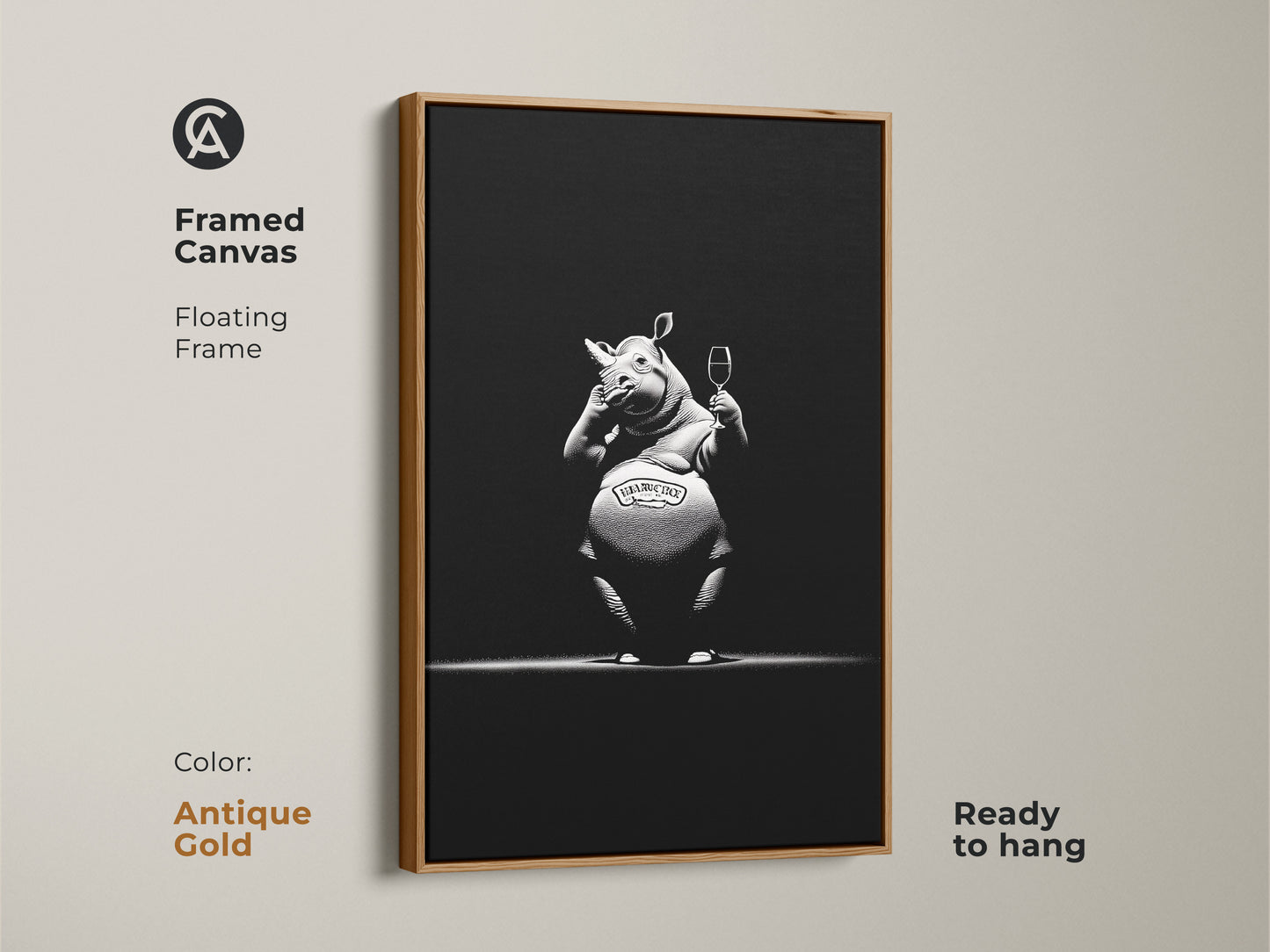 Framed canvas with floating frame showcasing the sophisticated rhino artwork. This ready to hang antique gold frame complements the monochrome bar decor. This black and white animal poster makes a unique gift for wine enthusiasts or animal lovers. Ideal as a modern man cave art or office wall decor animal.