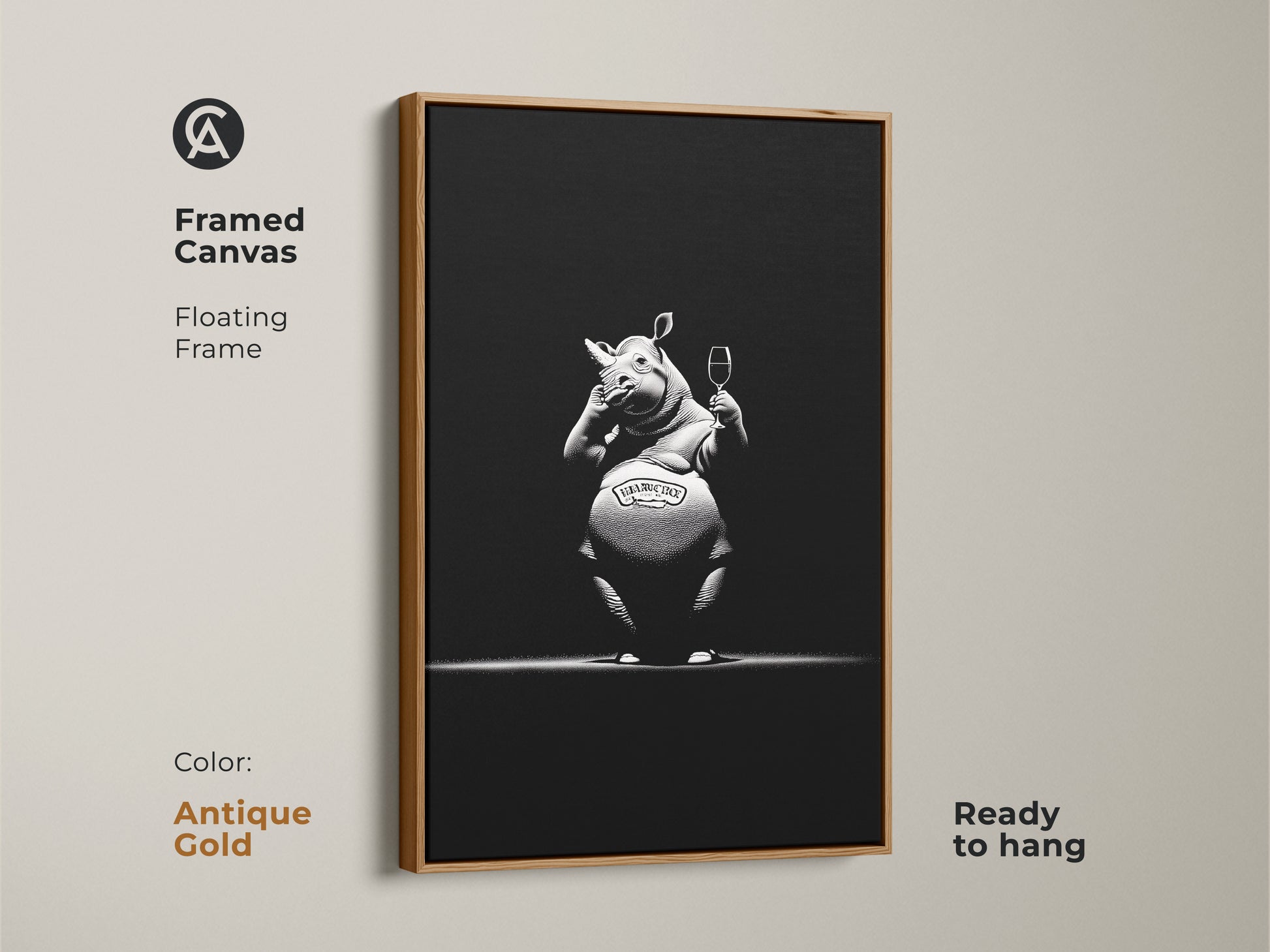 Framed canvas with floating frame showcasing the sophisticated rhino artwork. This ready to hang antique gold frame complements the monochrome bar decor. This black and white animal poster makes a unique gift for wine enthusiasts or animal lovers. Ideal as a modern man cave art or office wall decor animal.