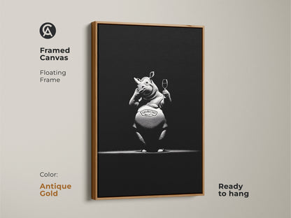Framed canvas with floating frame showcasing the sophisticated rhino artwork. This ready to hang antique gold frame complements the monochrome bar decor. This black and white animal poster makes a unique gift for wine enthusiasts or animal lovers. Ideal as a modern man cave art or office wall decor animal.