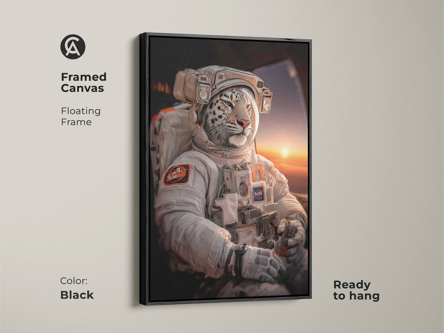 A framed canvas in black showcases a white leopard astronaut artwork. This animal astronaut gift is ready to hang. The floating frame enhances the contemporary art. It is a surreal space animal print ideal for modern office decor. This unique sci-fi art is a striking focal point.