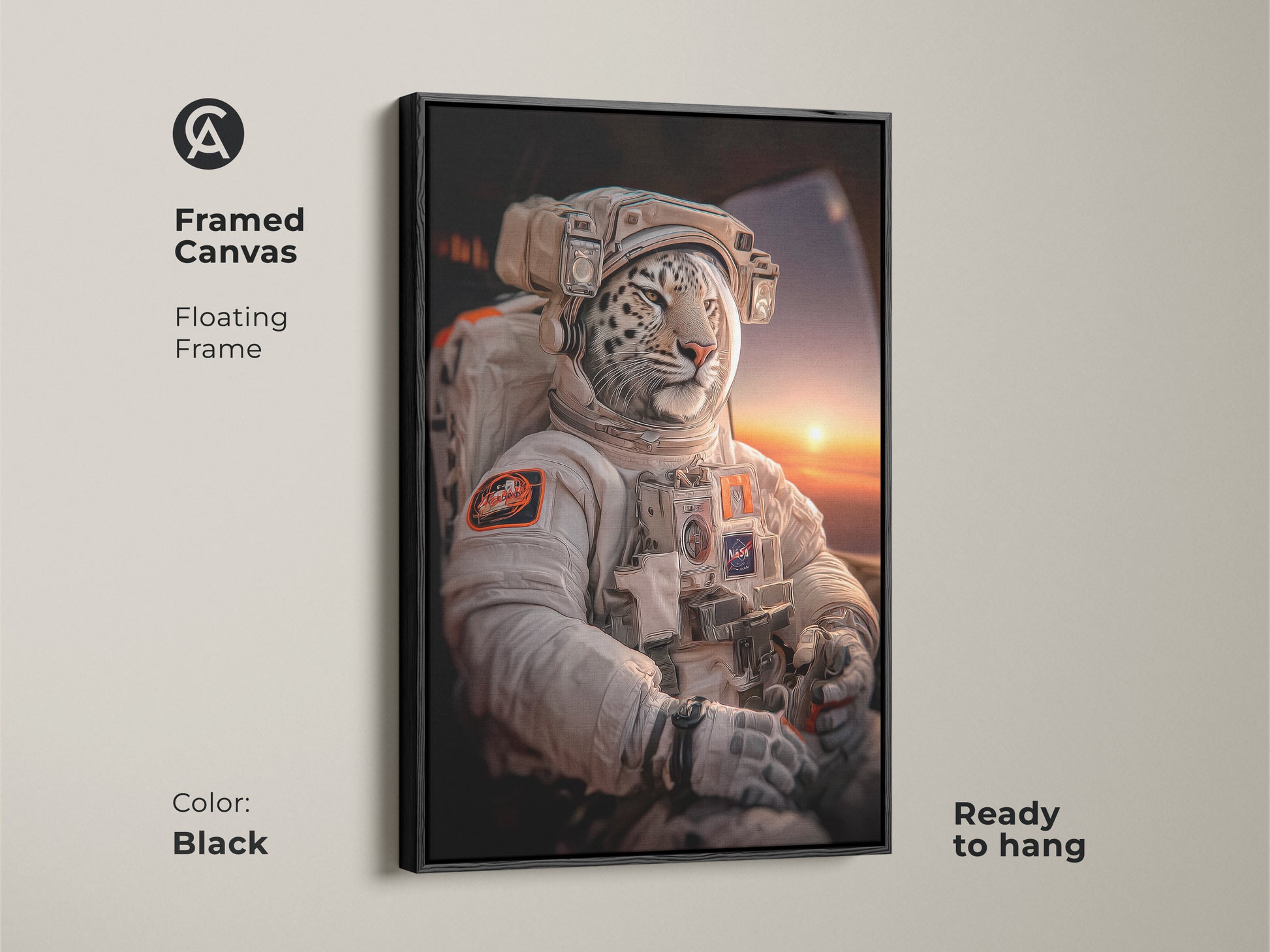 A framed canvas in black showcases a white leopard astronaut artwork. This animal astronaut gift is ready to hang. The floating frame enhances the contemporary art. It is a surreal space animal print ideal for modern office decor. This unique sci-fi art is a striking focal point.