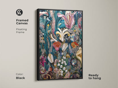 A framed canvas in black showcasing surreal botanical artwork. This fantasy floral art features Lily of the Valley and Tulips. The deep green pink and teal colors create an eclectic bedroom decor. Ready to hang this nature inspired piece adds whimsy.