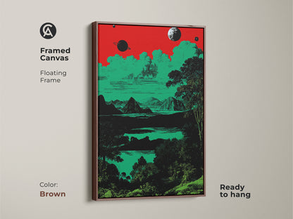 A framed canvas presents a surreal space landscape within a floating brown frame. The retro planets and mountains art features a red green and black palette. This eclectic decor is ready to hang. It brings cosmic nature to any room. Perfect for sci-fi fans.