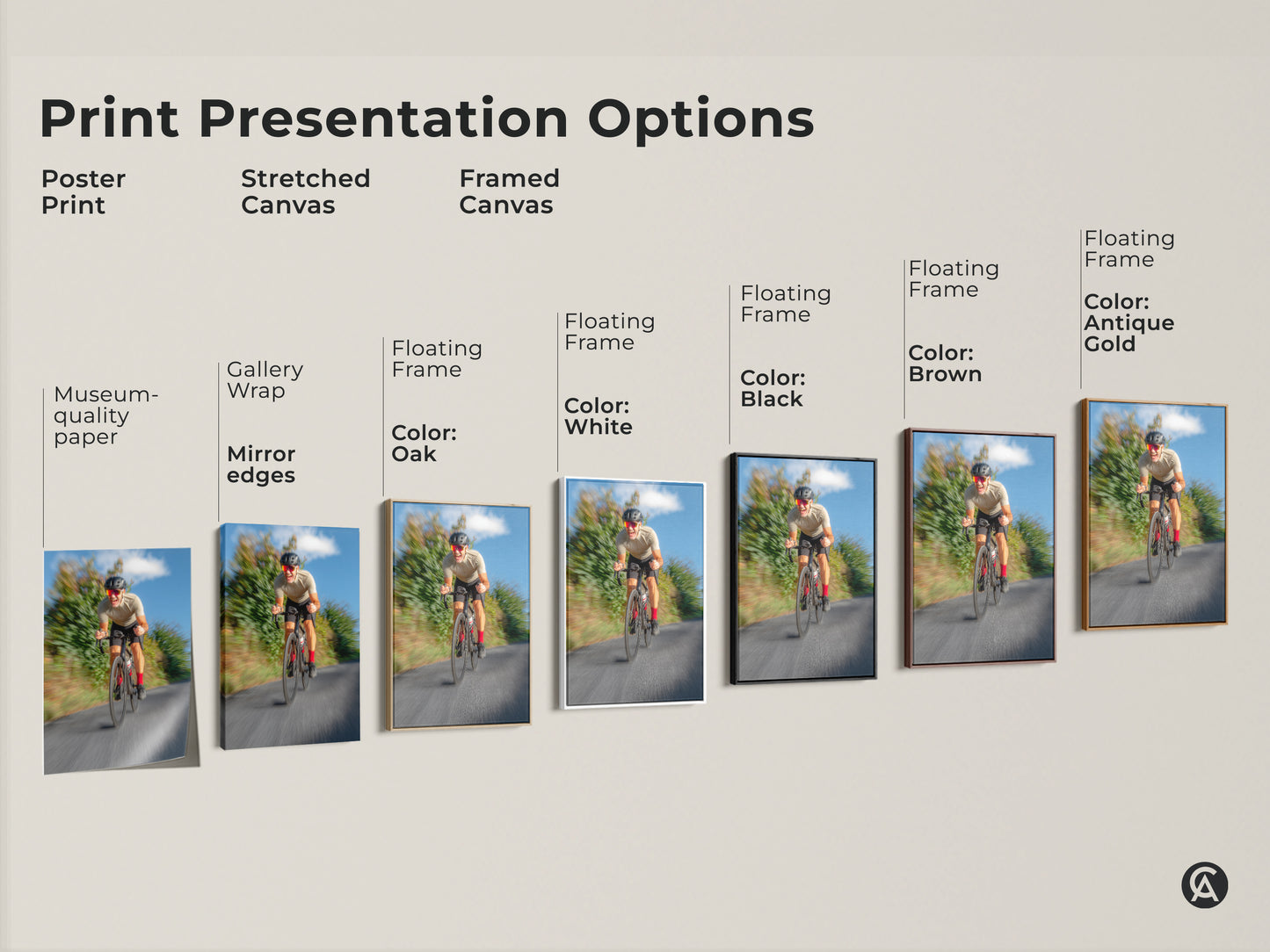 Print presentation options for cyclist artwork. Options include poster print stretched canvas and framed canvas. Choose from various floating frame colors. The cycling art is perfect for any space. This unique sports gift is great for cyclists.