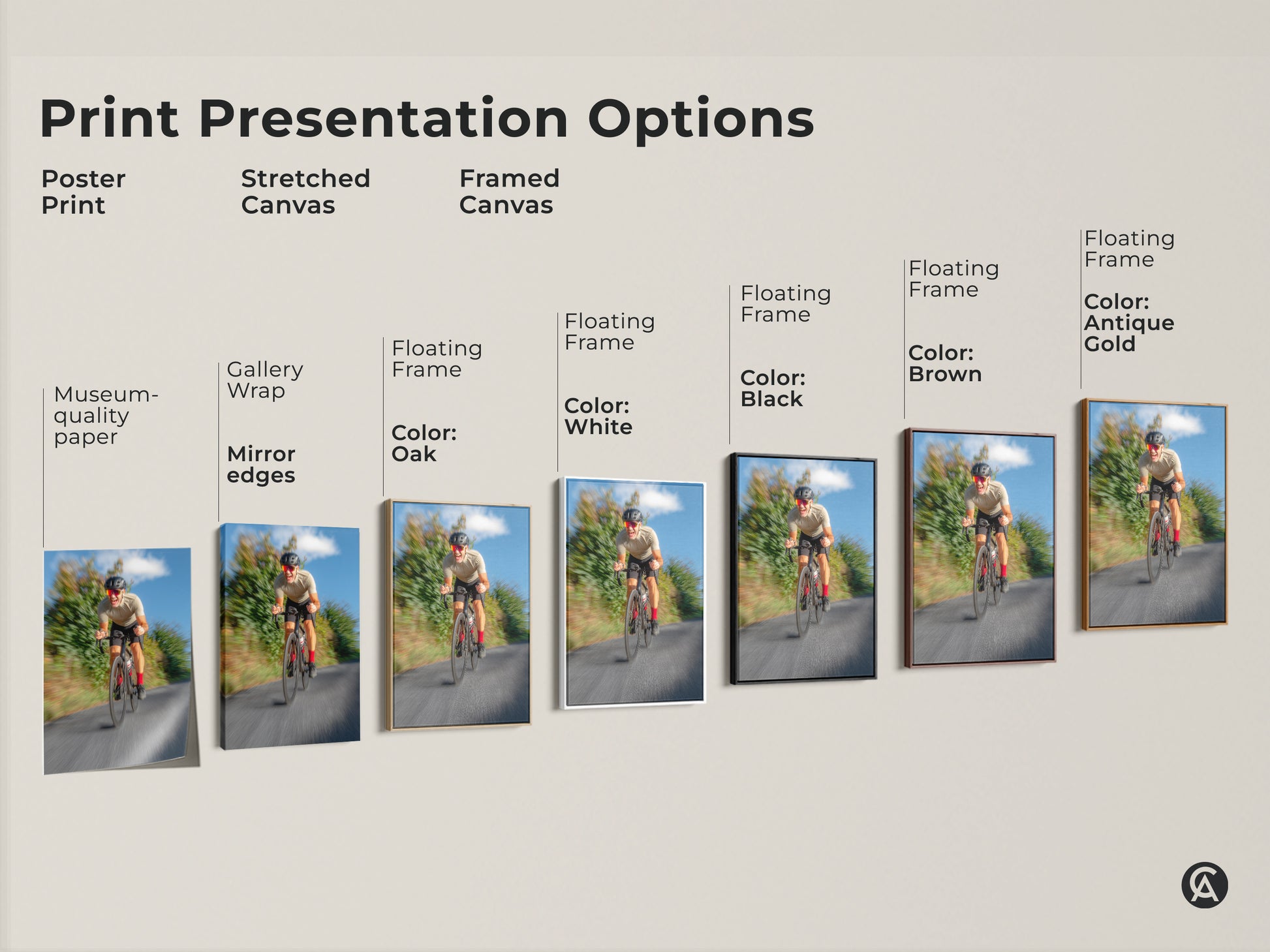 Print presentation options for cyclist artwork. Options include poster print stretched canvas and framed canvas. Choose from various floating frame colors. The cycling art is perfect for any space. This unique sports gift is great for cyclists.