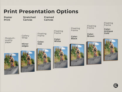 Print presentation options for cyclist artwork. Options include poster print stretched canvas and framed canvas. Choose from various floating frame colors. The cycling art is perfect for any space. This unique sports gift is great for cyclists.