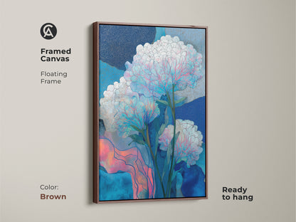 Framed canvas with a black floating frame showcasing abstract floral wall art. This teal pink canvas art enhances living room wall art. The botanical art print makes for great office wall decor. It's a modern home art piece.