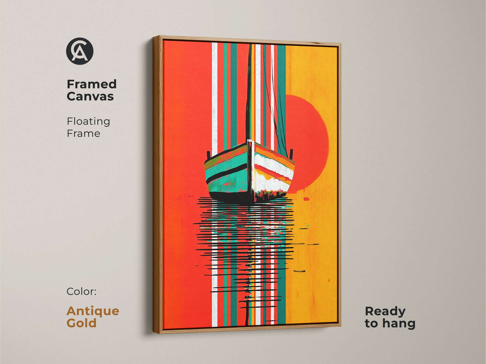 Abstract seascape art is displayed in a framed canvas with a floating antique gold frame. The nautical sailboat sunset print shows orange yellow and teal. Add coastal charm.