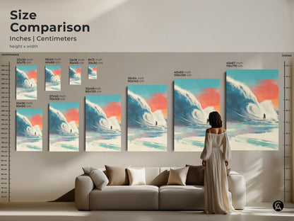 Size comparison of surfing artwork in a living room. See various sizes on a wall above a sofa. Sizes range from small to large. Artwork options include canvas and poster prints. Visualize how surf art can transform your living space. Find the perfect fit.
