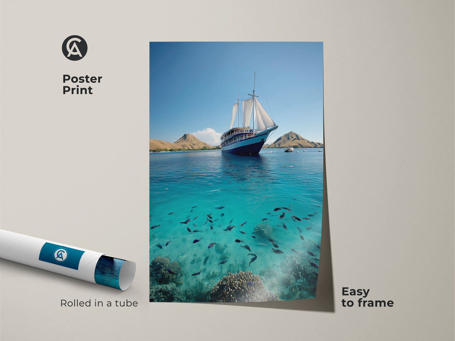 Elevate your decor with this ocean artwork poster print. The artwork features calm ocean waters and a school of fish. It showcases a maritime boat. This travel theme art print is easy to frame. It is a housewarming gift beach lover. Rolled in a tube for protection.