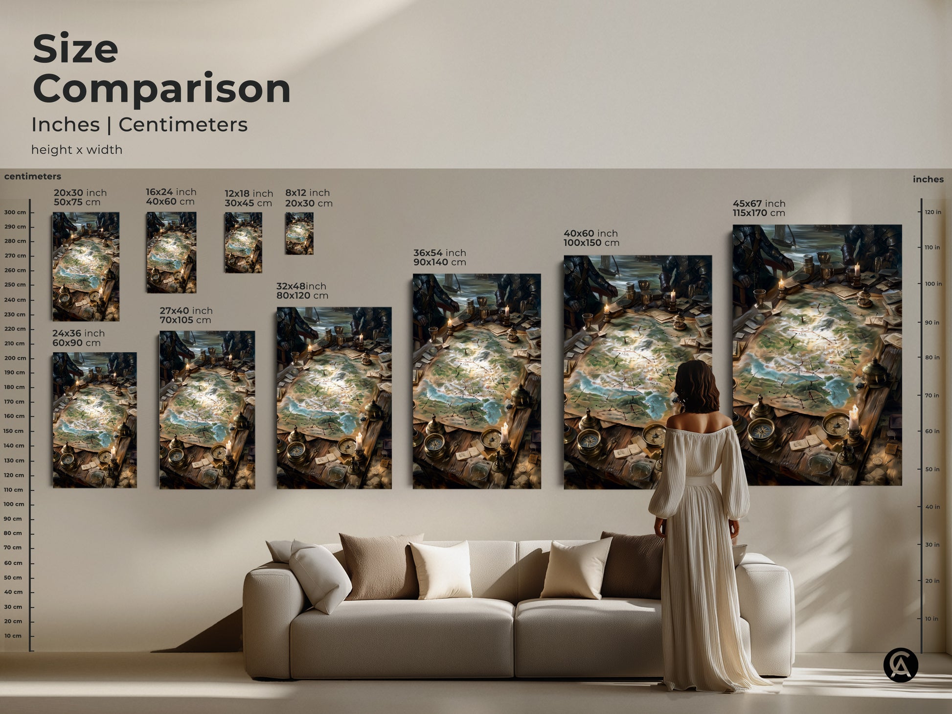 Compare sizes of this fantasy strategy meeting artwork. See how the art scales in inches and centimeters. The artwork is available in various sizes. Find the perfect fit for your space with our detailed size comparison guide.