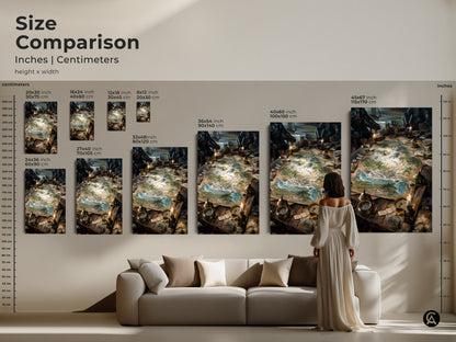 Compare sizes of this fantasy strategy meeting artwork. See how the art scales in inches and centimeters. The artwork is available in various sizes. Find the perfect fit for your space with our detailed size comparison guide.
