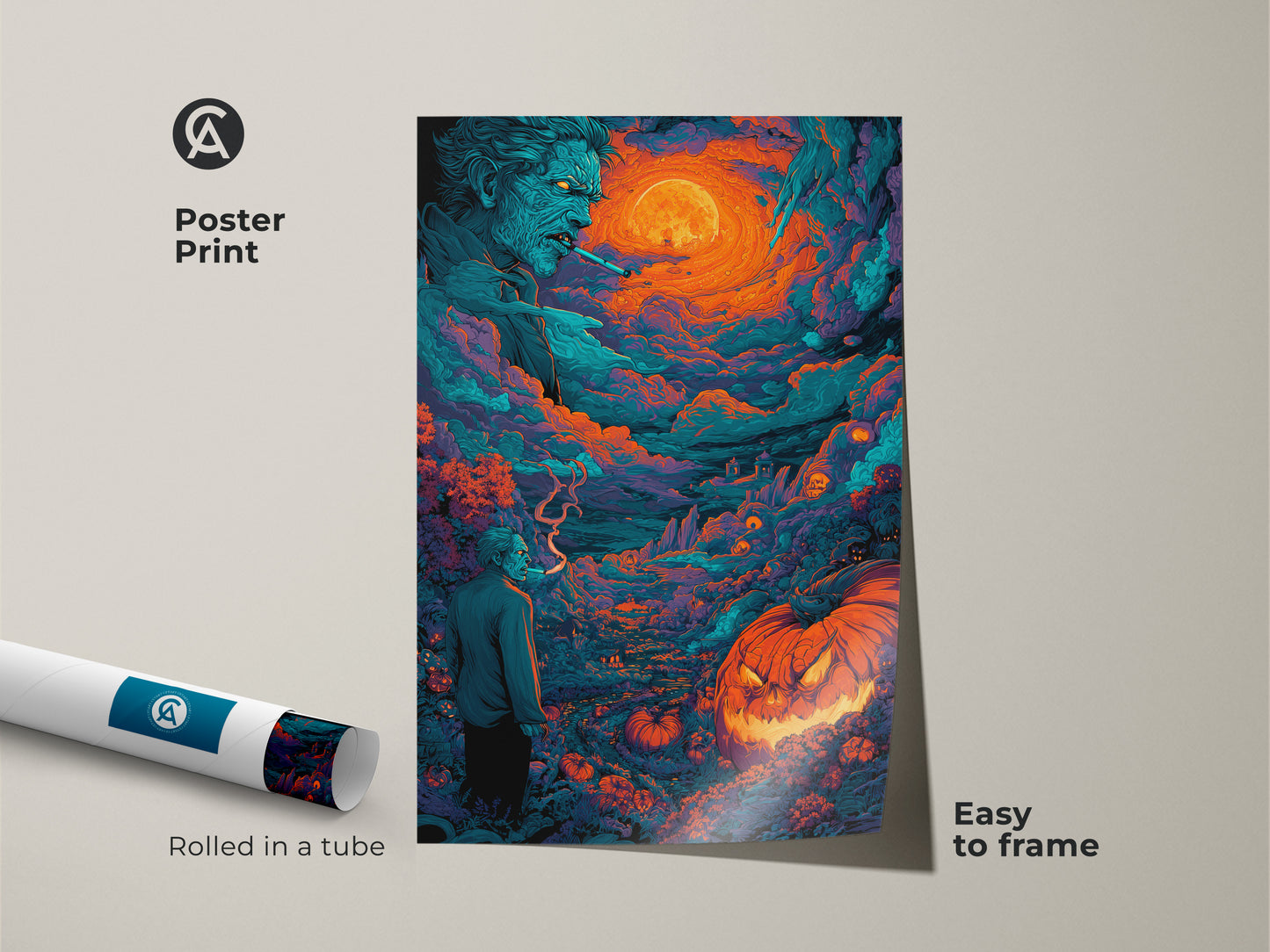 This poster print shows Halloween themed art. It features a spooky zombie and a glowing jack-o-lantern. The print comes rolled in a tube. It is easy to frame. Perfect for adding a spooky touch to any room. Shop now for unique artwork.