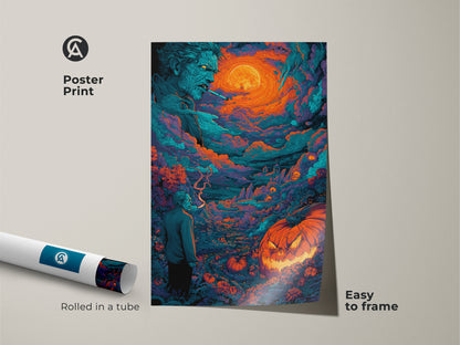 This poster print shows Halloween themed art. It features a spooky zombie and a glowing jack-o-lantern. The print comes rolled in a tube. It is easy to frame. Perfect for adding a spooky touch to any room. Shop now for unique artwork.