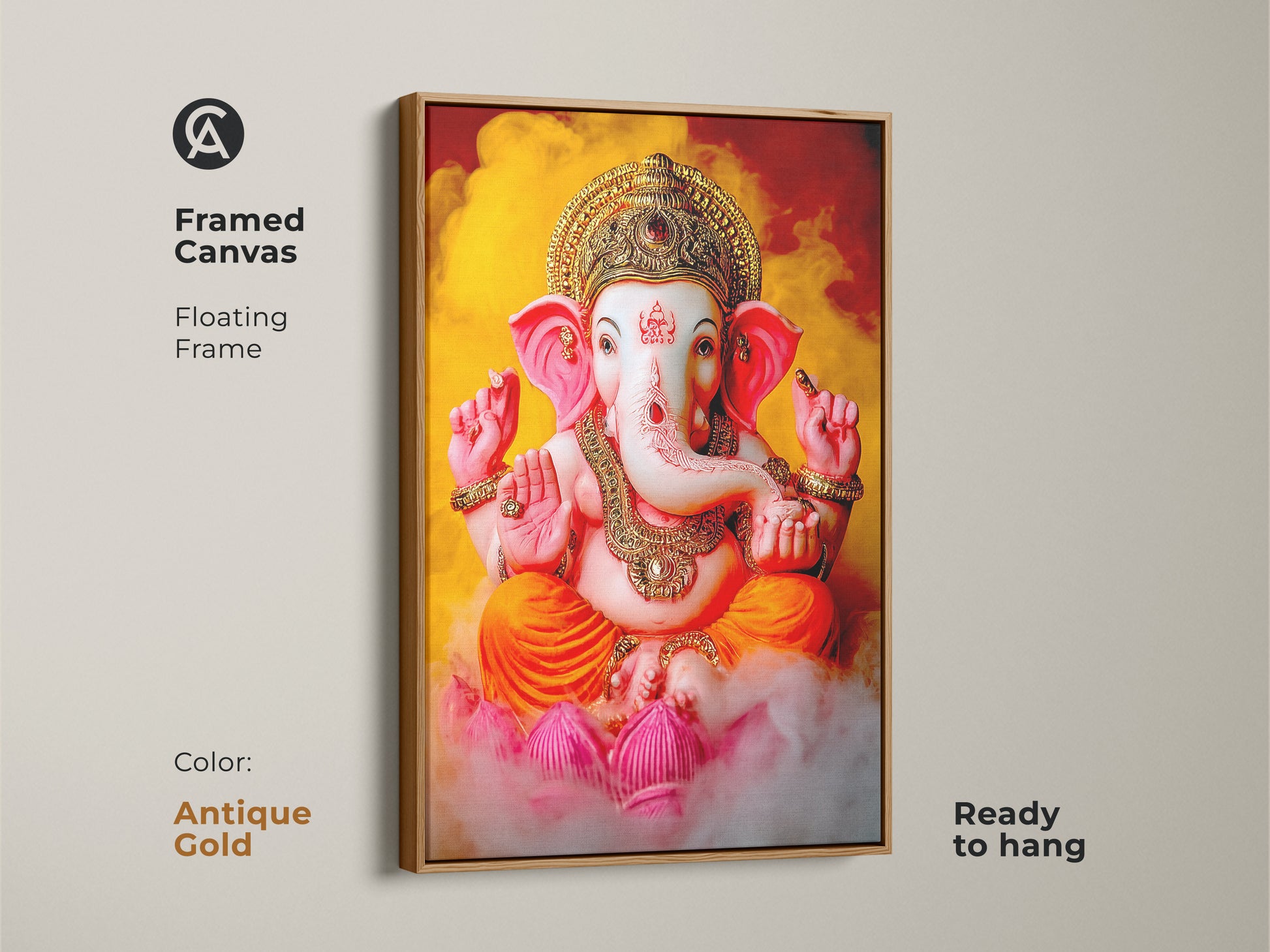 Framed canvas art of Lord Ganesha with an antique gold floating frame. Hindu deity artwork for spiritual home decor. The ready to hang Ganesha blessing art is a vibrant piece. This spiritual Indian art is perfect as a gift for spiritual seekers.