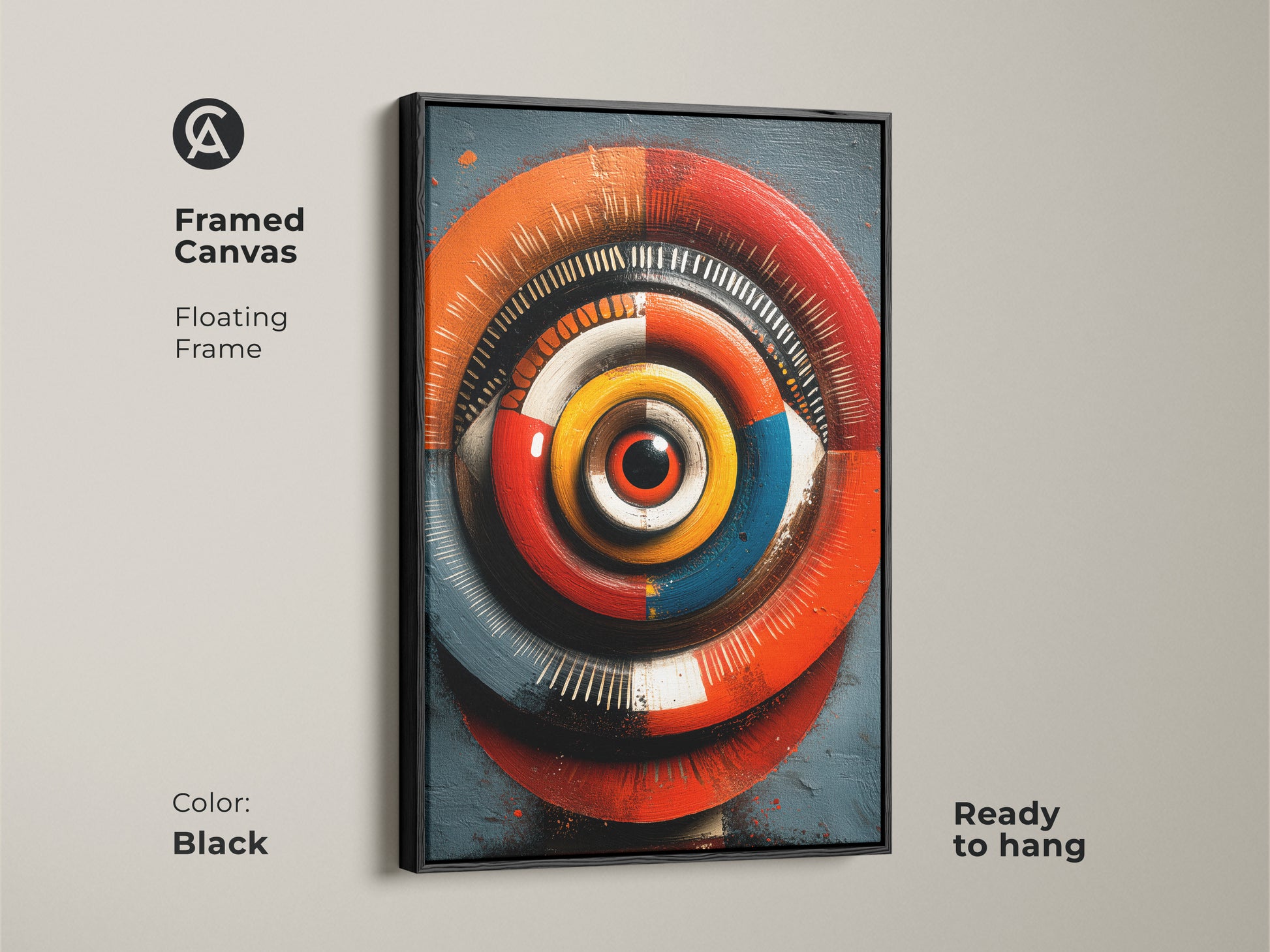 Framed canvas of a red orange blue abstract geometric eye. The black floating frame enhances this psychedelic optical illusion. This modern artwork brings a unique touch to any room. Perfect as office wall decor or eclectic home art. It is a striking piece for modern living rooms. Ready to hang and adds vibrant color.